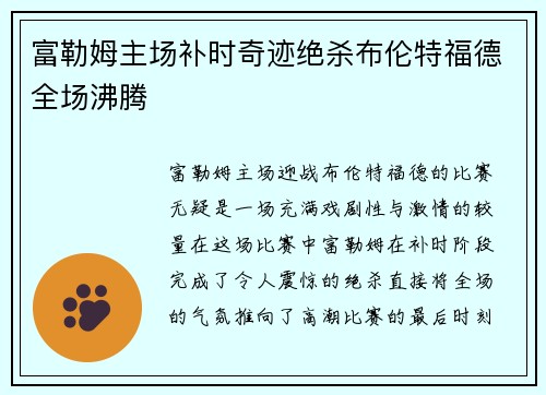 富勒姆主场补时奇迹绝杀布伦特福德全场沸腾